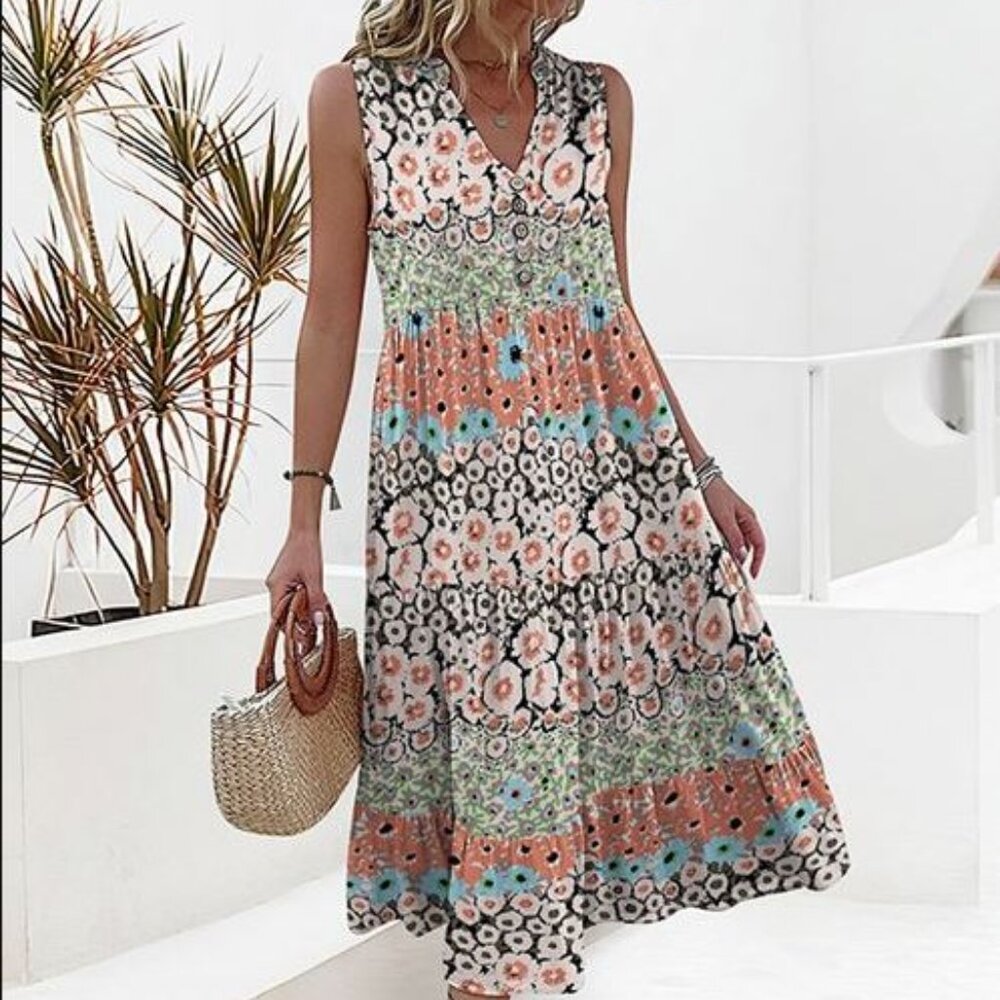 Blue & Purple Floral V-Neck Sleeveless Midi Dress